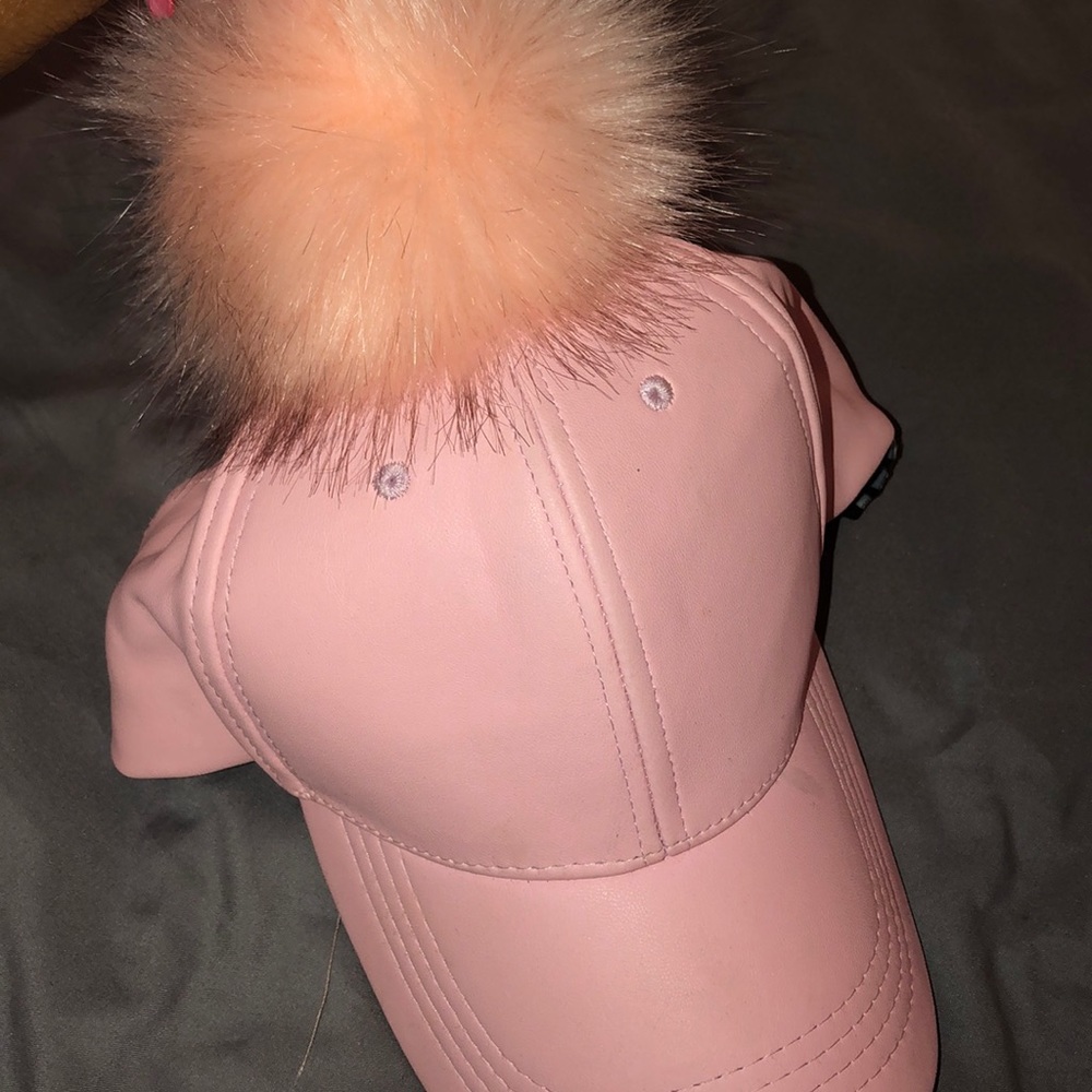 Pink Leather Cap with Puffball